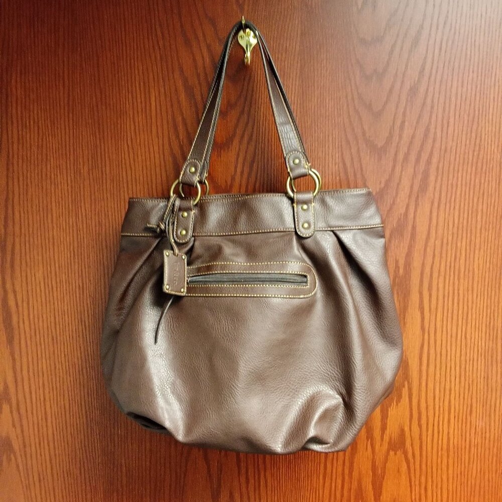 Liz & Co. Brown Faux Leather Tote Bag With Striped Fabric Lining & Multiple Comp